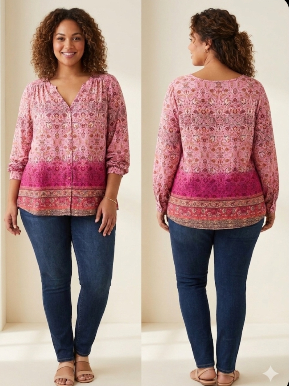 Simply Emma Boho Pink Ombre Medallion Print V- Neck Blouse- Women Sz 2X